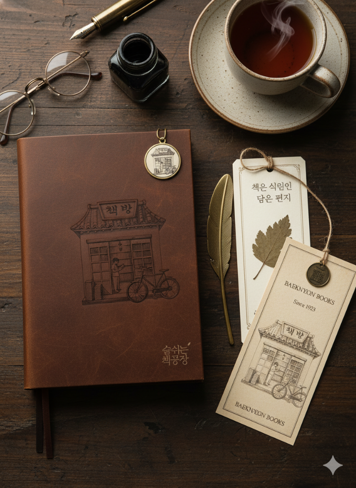 백년책방 모티브의 아날로그 감성 굿즈 (책갈피, 노트)