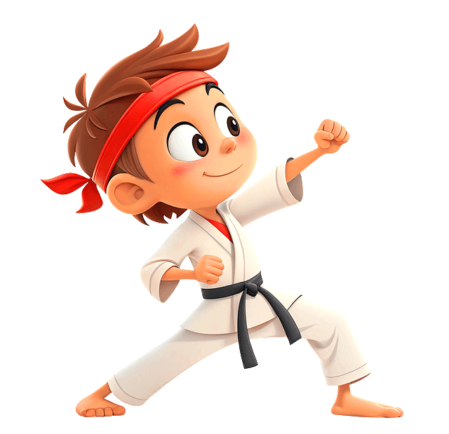 하얀색 도복을 입고 붉은 머리띠를 한 남자아이가 태권도 동작을 취하고 있다.