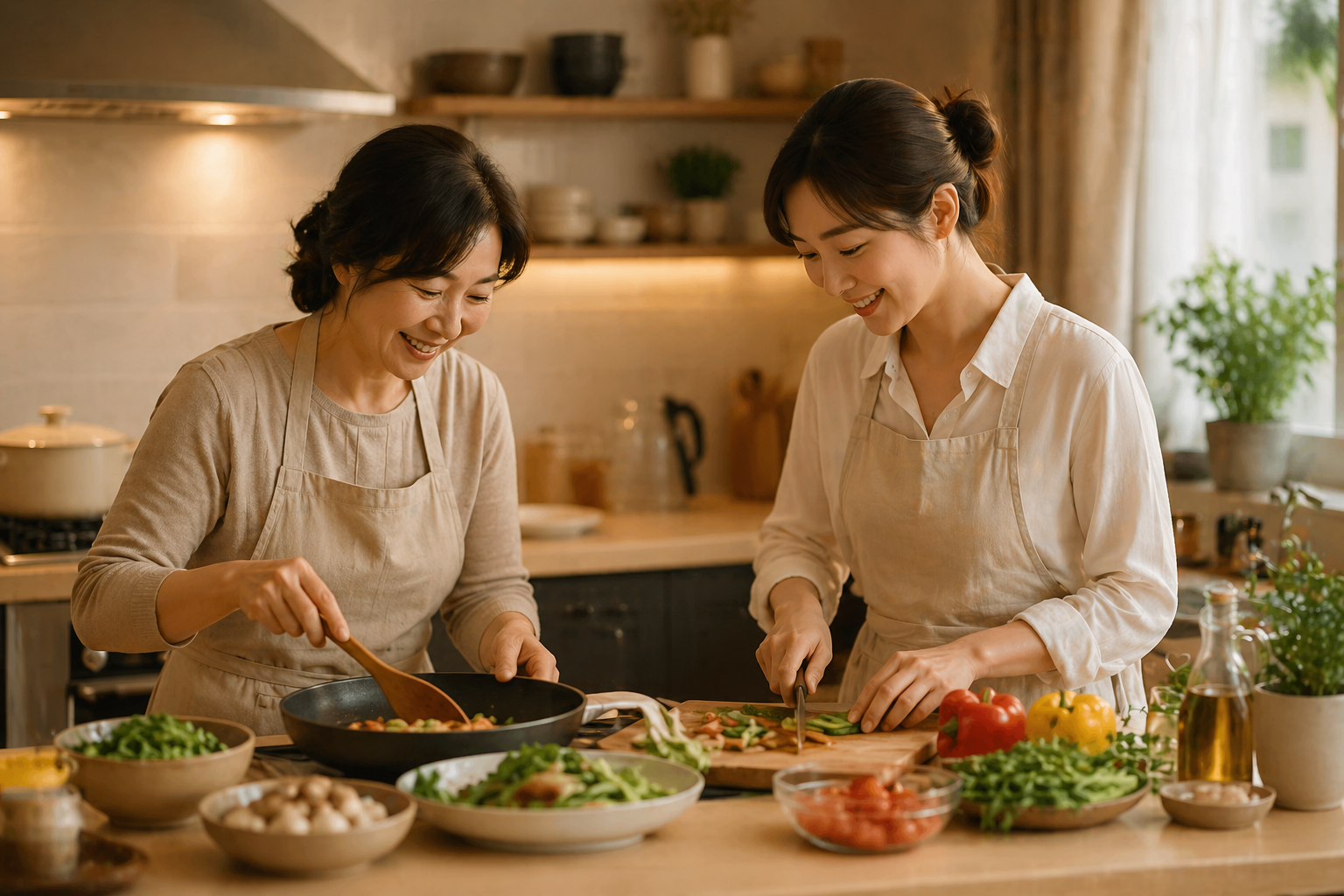따뜻한 부엌에서 엄마와 직장인 딸이 함께 저녁 식사를 준비하는 감성 집밥 이미지