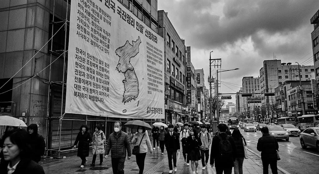 거리에 걸린 대형 정치 현수막과 지나가는 시민들, 흐린 하늘 아래 도심 풍경, 다큐멘터리 사진 스타일