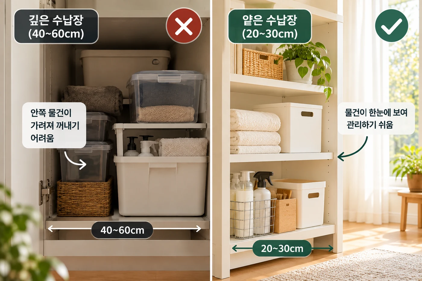 좁은 집에서 깊은 수납장과 얕은 수납장의 수납 효율과 사용성을 비교한 이미지