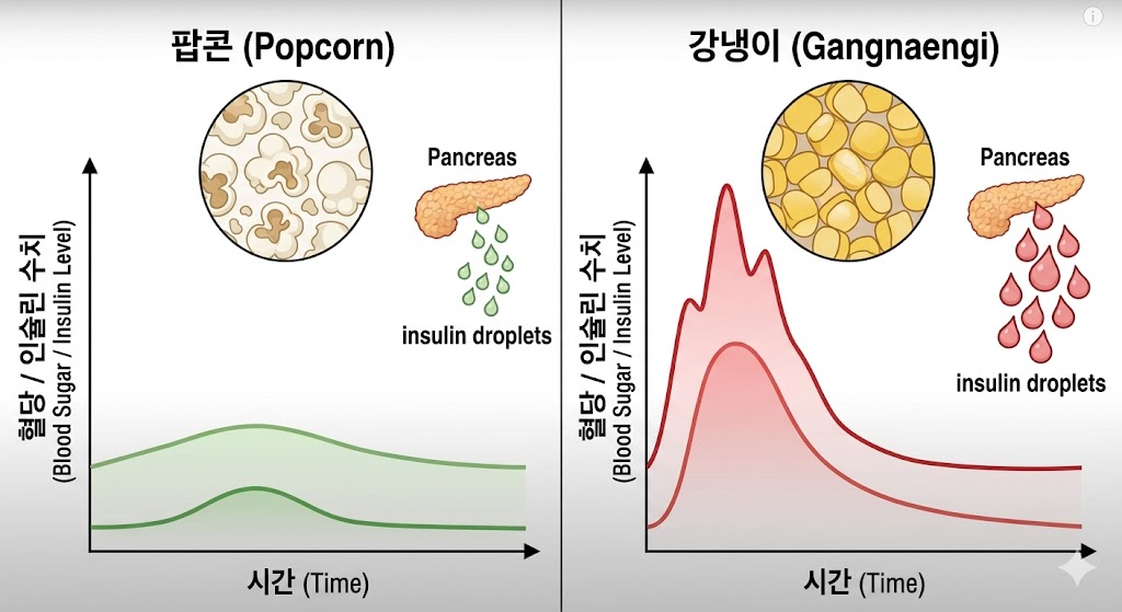 "팝콘과 강냉이 섭취 후 혈당 변화 비교 그래프. 완만한 곡선을 그리는 팝콘의 혈당 지수와 급격히 상승하는 강냉이의 인슐린 스파이크 반응 시각화 자료"