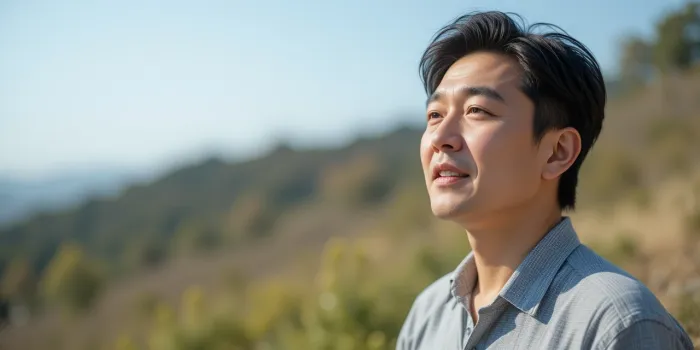 바깥에서 상쾌한 기분의 중년 남성