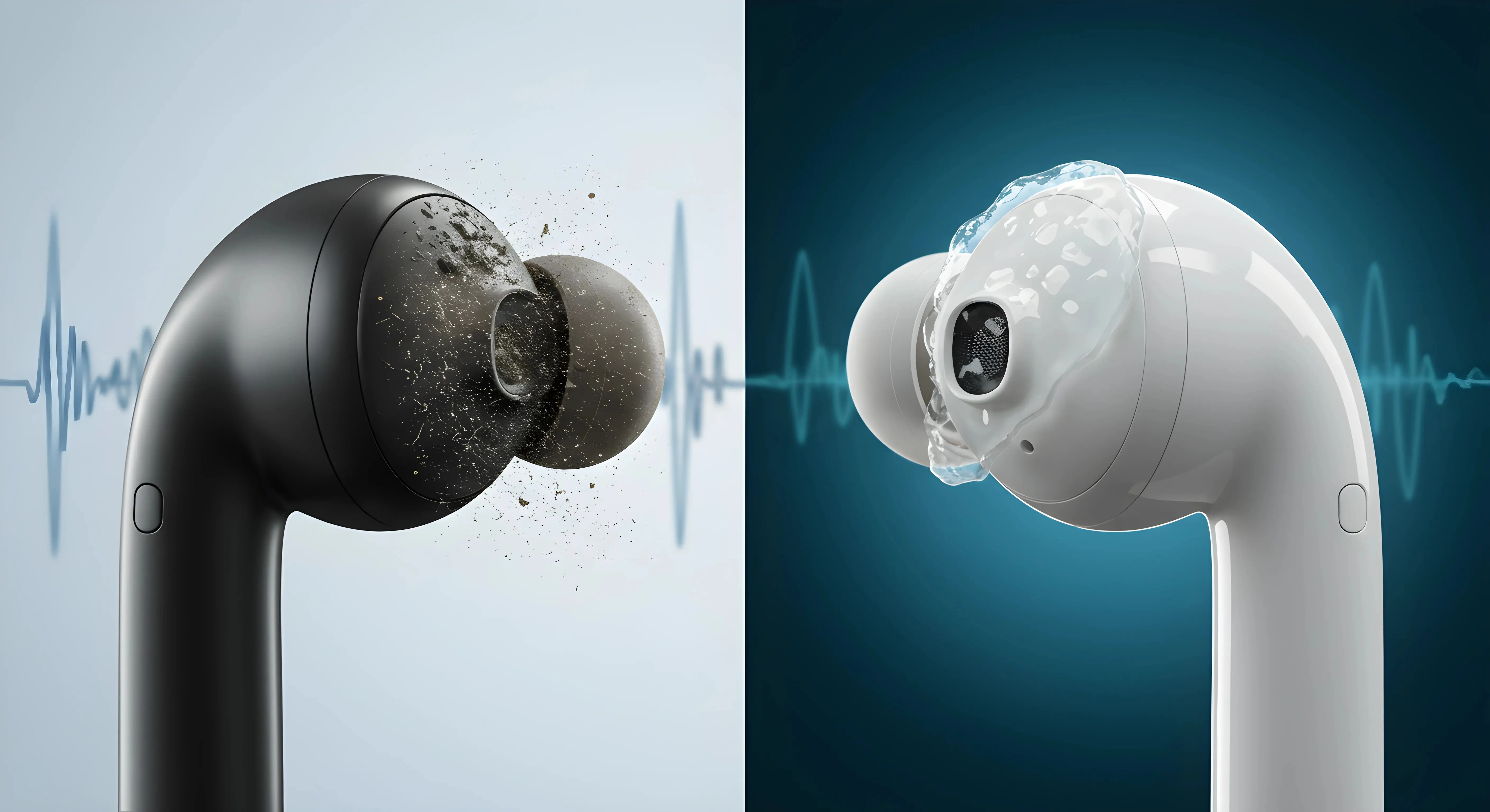 이어폰 위생의 중요성을 보여주는 대비 이미지 - 왼쪽은 먼지와 세균이 쌓인 검은색 이어버드, 오른쪽은 깨끗하고 물방울로 둘러싸인 흰색 이어버드. 배경에는 음파 패턴이 보이며, 두 이어폰의 상태 차이가 청결과 건강한 청력의 연관성을 시각적으로 강조함.