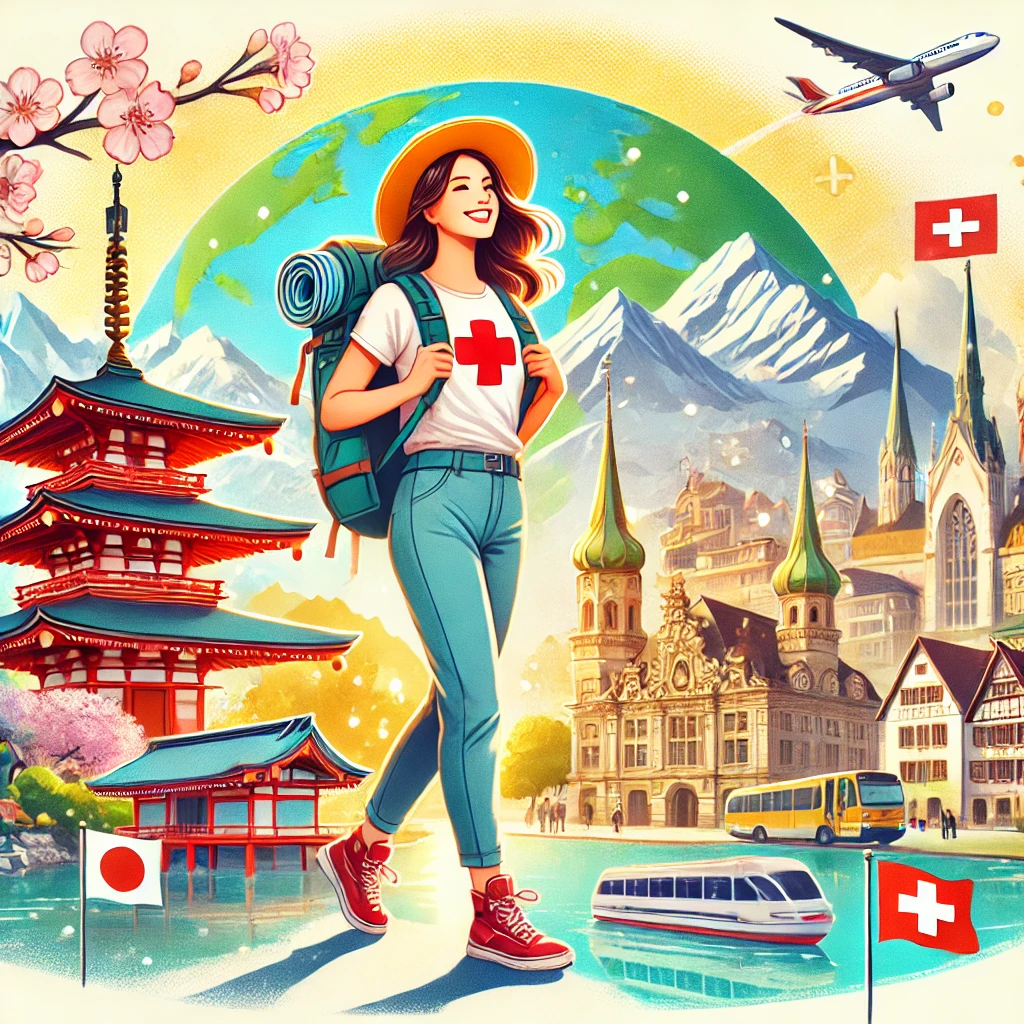 여러 나라를 여행하는 여자