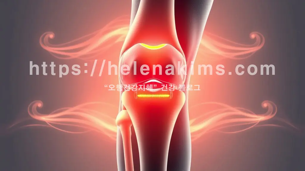 관절 내부의 손상된 연골 부위, 그 주변을 통증 완화와 건강 회복을 상징하는 부드러운 빛 또는 유연한 곡선이 감싸는 형태로 표현한 이미지.