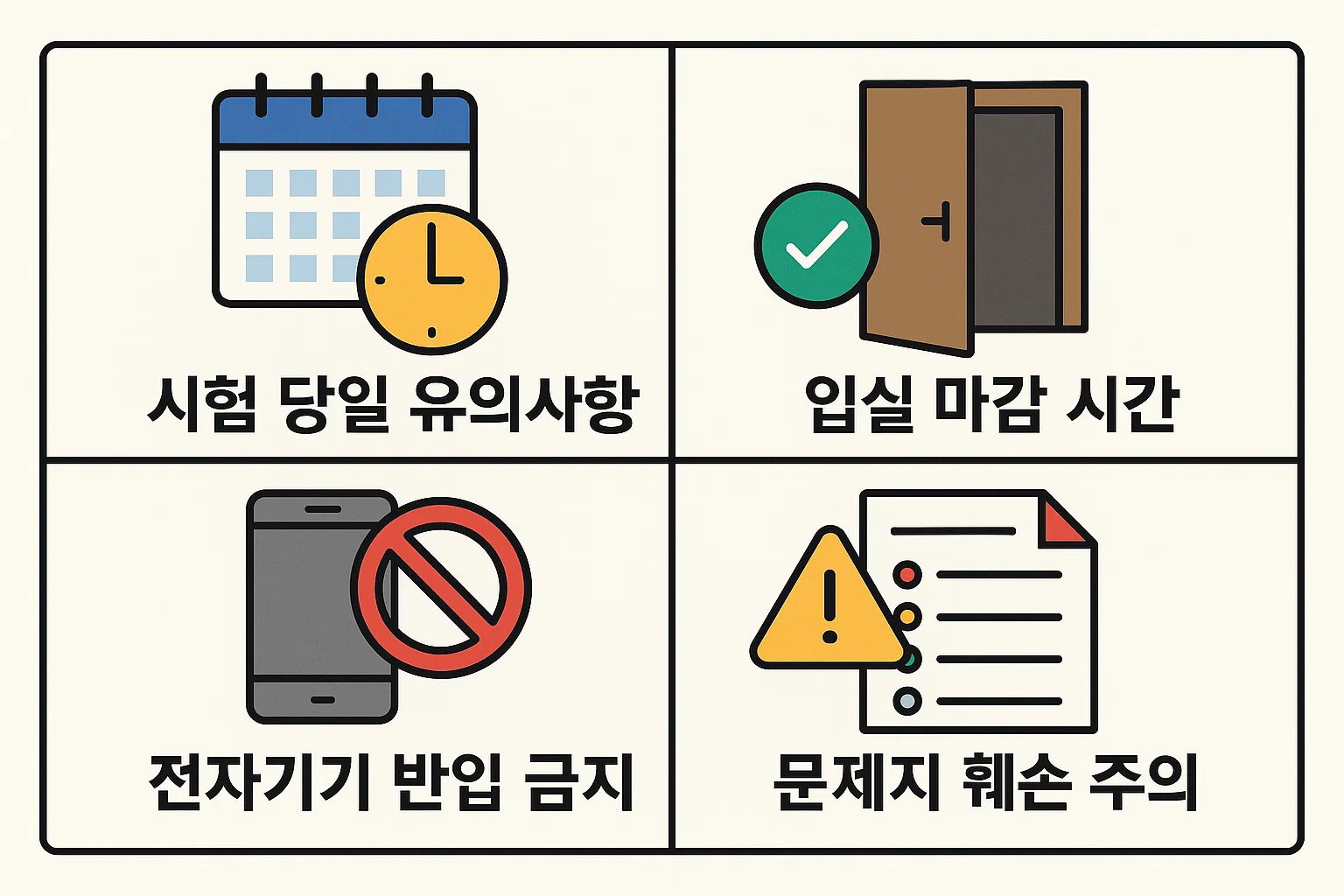 시험 당일 입실 마감 시간, 전자기기 반입 금지, 문제지 훼손 주의 등 시험장에서 꼭 지켜야 할 유의사항을 안내한 인포그래픽입니다.