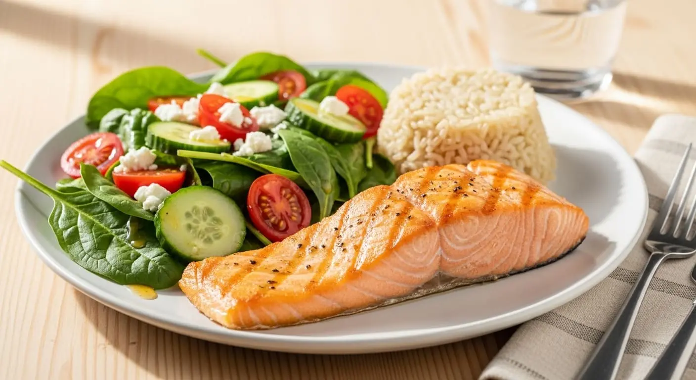 그릴 연어, 신선한 채소 샐러드, 퀴노아가 담긴 건강하고 균형 잡힌 식단. 시니어 건강 식사의 좋은 예시