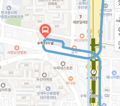 수락터미널에서 인천공항 리무진 공항버스(6100번) 지도 위치