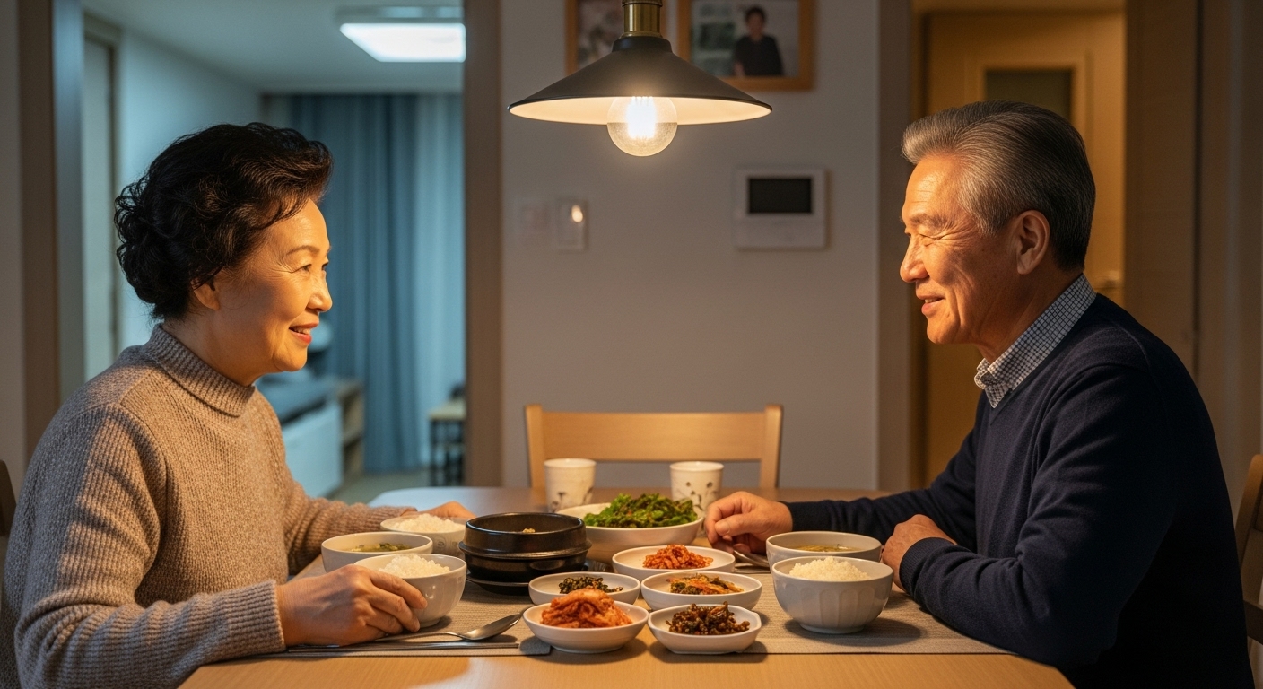 저녁 식탁에서 마주 앉아 웃고 있는 노부부