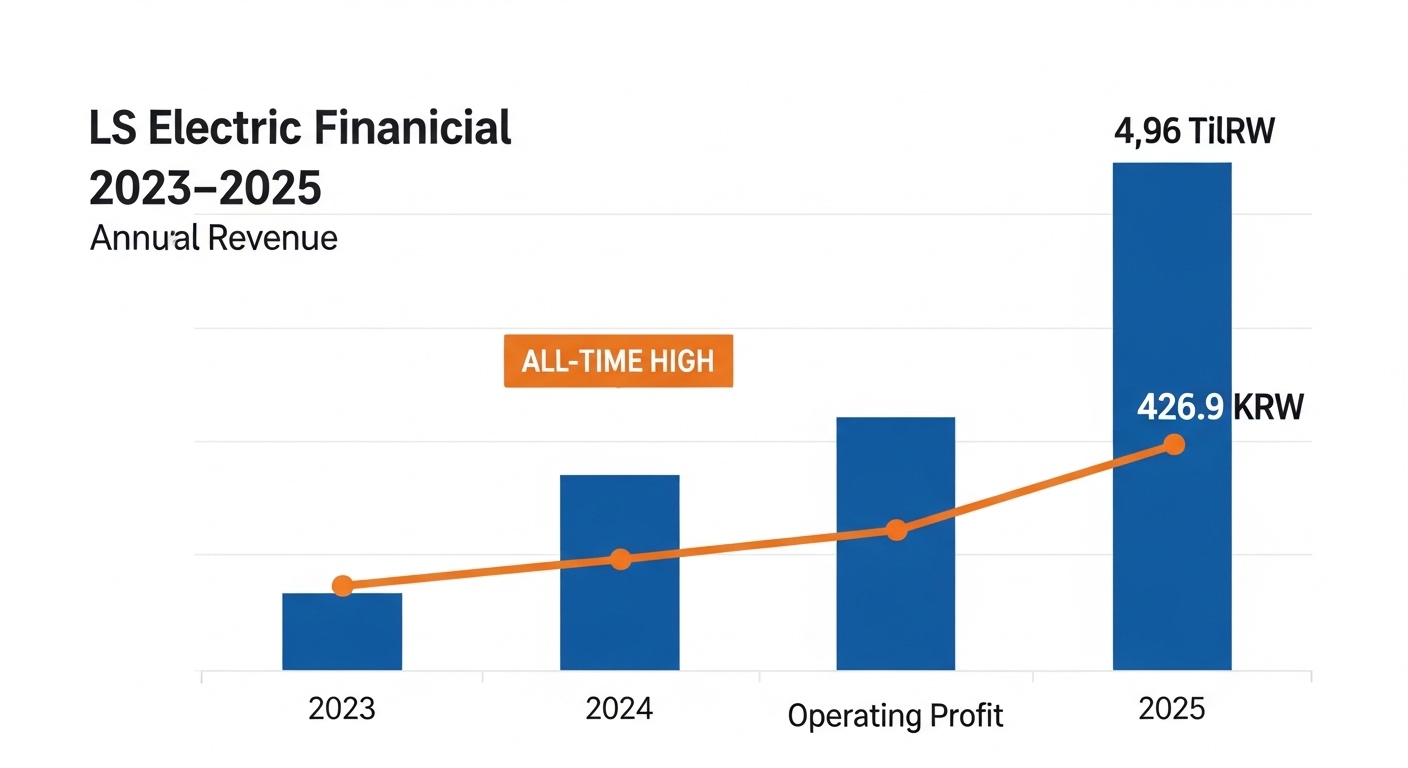 Clean financial bar chart LS Electric 2023-2025. Blue bars showing annual revenue growing to 4.96 trillion KRW in 2025. Orange line showing operating profit at 426.9 billion KRW. All-Time High badge on 2025 columns. White background, English labels only. Professional financial infographic. No Korean text.