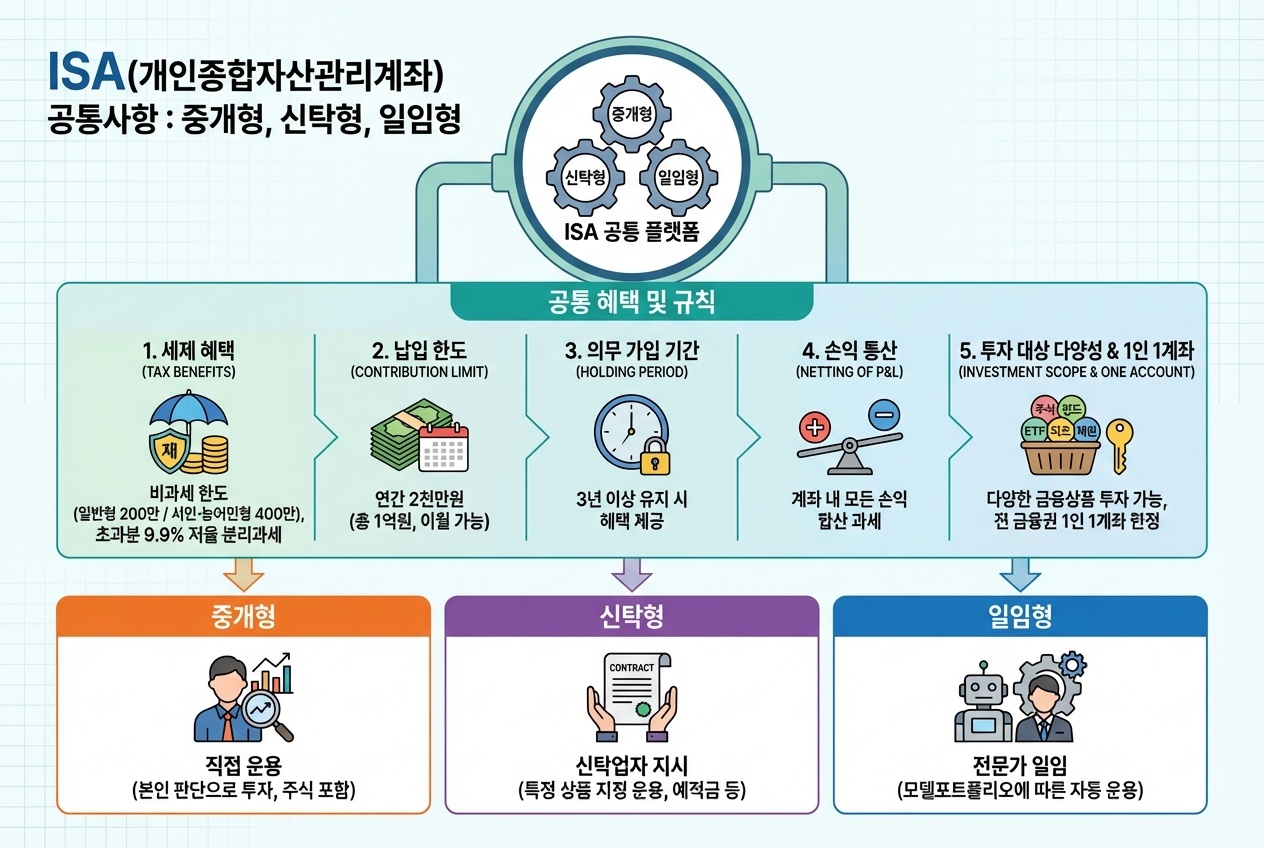 중개형·신탁형·일임형 ISA 공통 조건과 차이를 한눈에 정리한 이미지