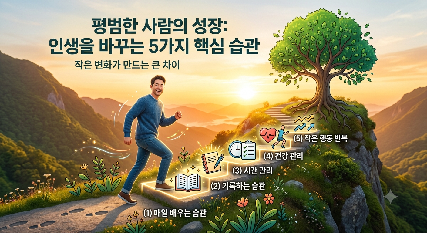 인생을 바꾸는 5가지 핵심 습관(배움, 기록, 시간 관리, 건강 관리, 작은 행동 반복)을 보여주는 이미지
