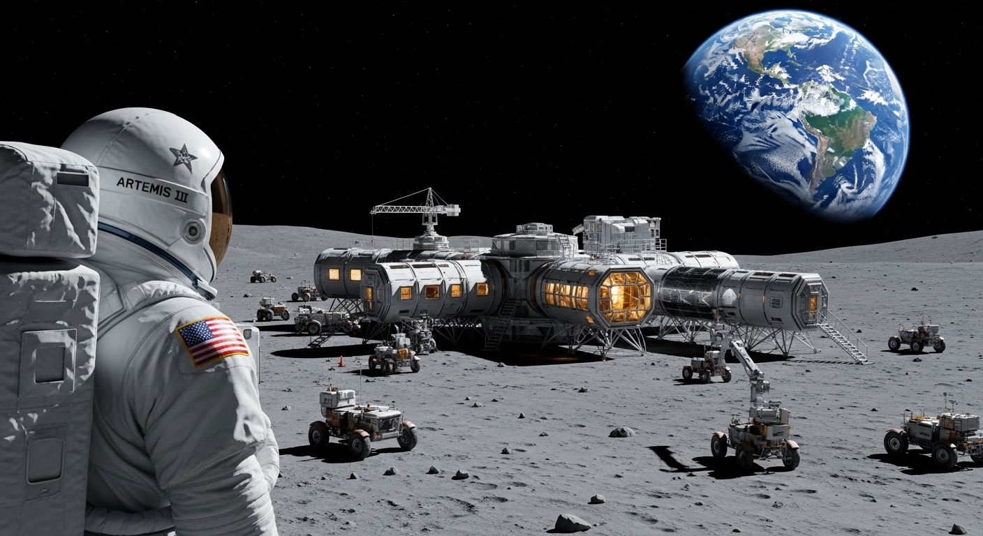 아르테미스 임무의 우주비행사가 달 표면에 서서 지구와 미래 달 기지를 바라보는 모습, 인류의 달 복귀와 개척 정신을 상징