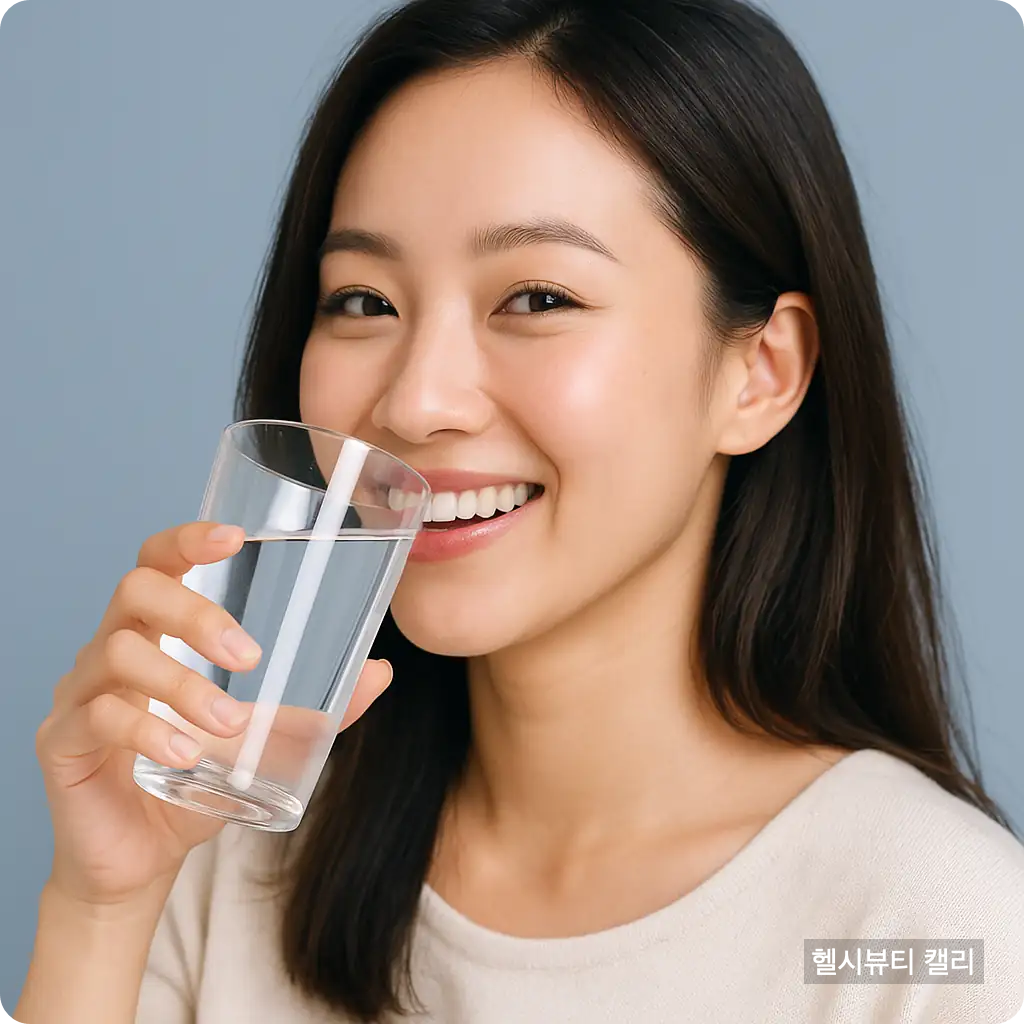 물을 마시며 미소 짓는 20대 한국 여성의 자연스러운 클로즈업