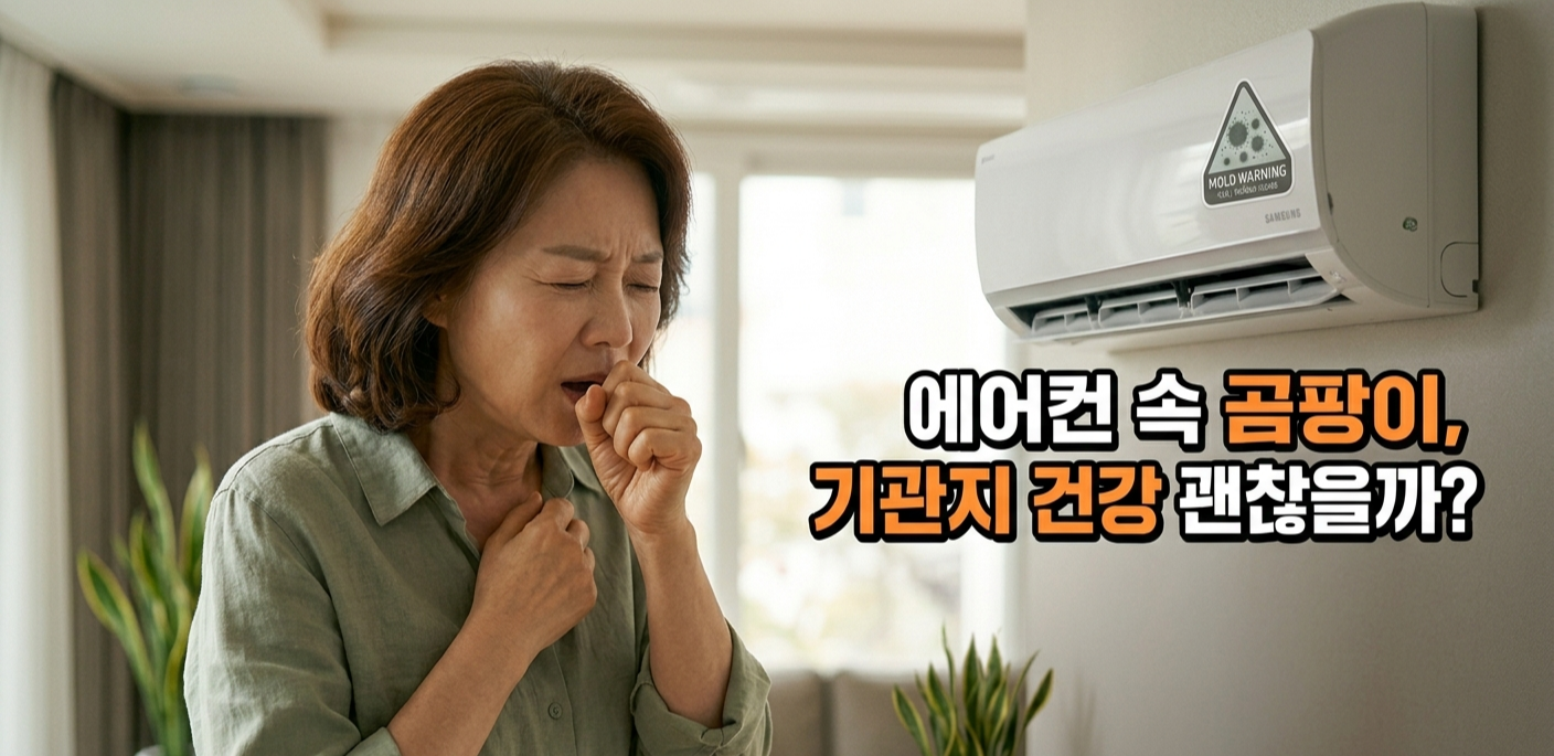 2026년형 벽걸이 에어컨 앞에서 오염된 공기로 인한 곰팡이 냄새 때문에 고통스러운 표정으로 한 손으로 입을 가리고 기침하고 있는 50대 중년 여성의 모습. 에어컨 내부 오염이 호흡기 질환을 유발함을 보여줍니다.