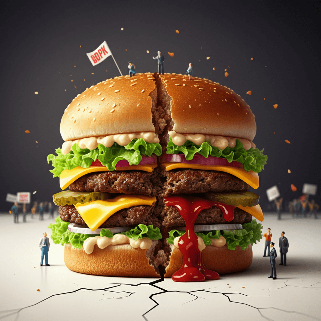 거대한 햄버거가 중앙에서 갈라져 있고, 그 갈라진 틈에서는 케첩이 흘러내리는 모습. 위에는 작은 인형들이 시위를 하며 서 있고, 버거 꼭대기에 작은 깃발이 꽂혀 있다. 주변에는 갈라진 땅의 금이 퍼져 있어 긴장된 분위기를 연출하고 있다