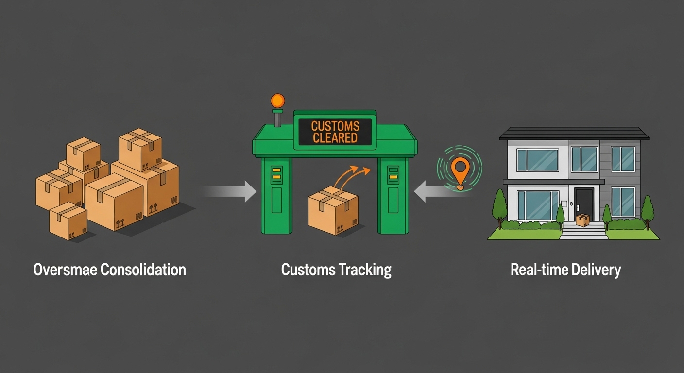 해외에서 한국으로 배송되는 직구 상품의 과정을 보여주는 배송대행지 및 통관 절차 일러스트.