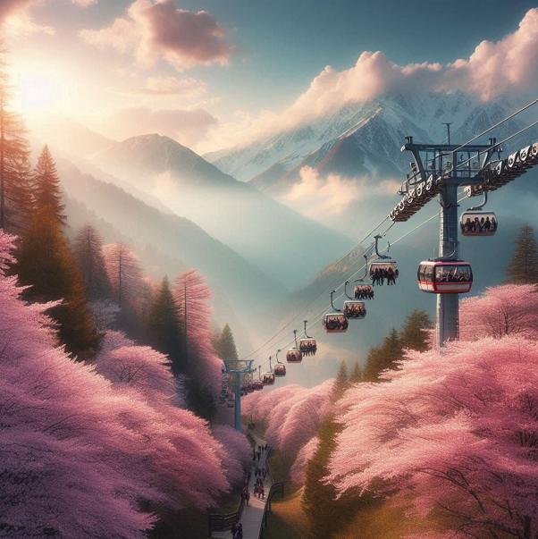 봄 날에 산에서 케이블카가 운행되고 있는 사진