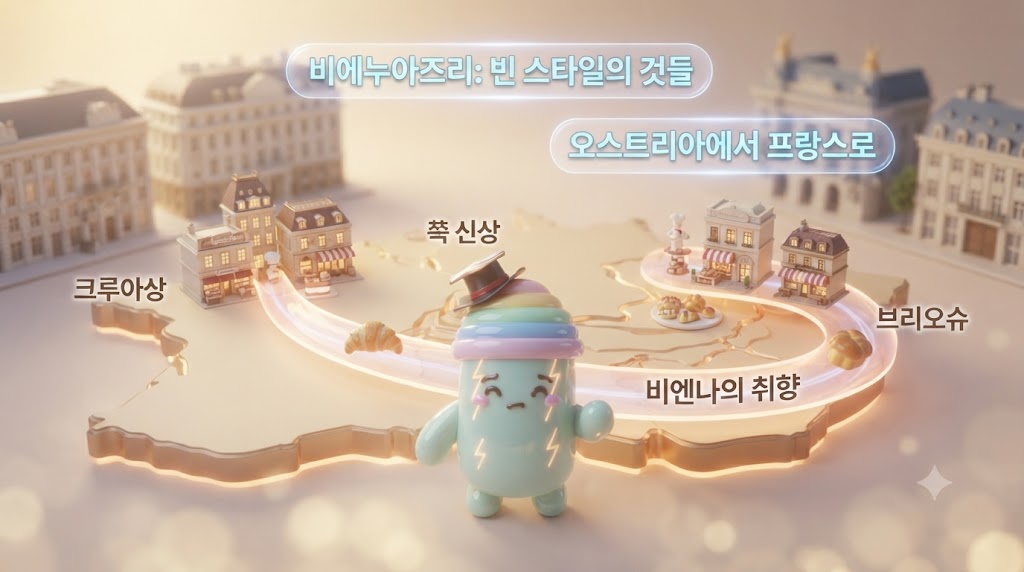 쫀쿠가 비엔나 도시가 그려진 고지도를 배경으로 '비에누아즈리 가계도'를 홀로그램으로 펼치고 있습니다. 지도 위로 '비엔나(Wien)'에서 시작된 제빵 기술이 오븐을 통해 프랑스로 넘어오는 모습이 애니메이션으로 표현됩니다. 쫀쿠는 특히 '오스트리아&rarr;프랑스' 경로를 가리키며, 그 아래로 크루아상&middot;브리오슈 아이콘이 빛나고 있습니다.
