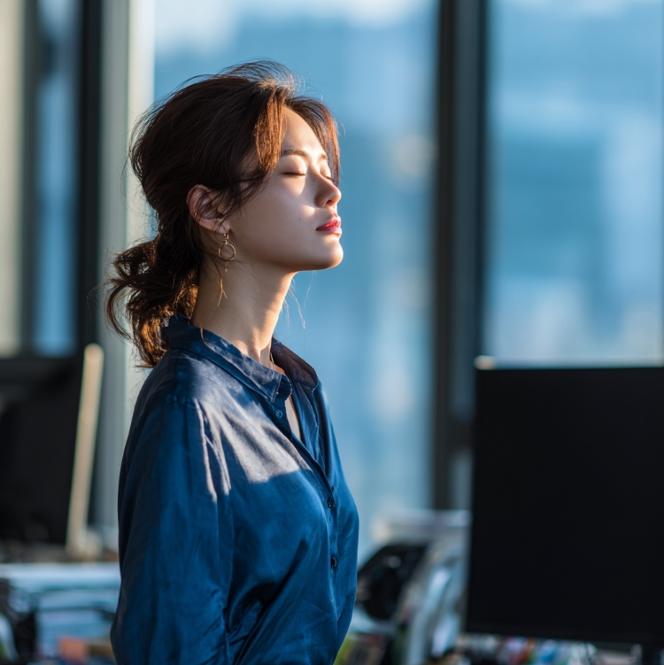 회사에서 눈을 잠시 쉬고 있는 모습