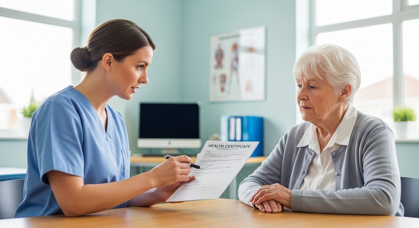 간호사가 고령 여성에게 보건증 관련 서류를 설명하는 모습