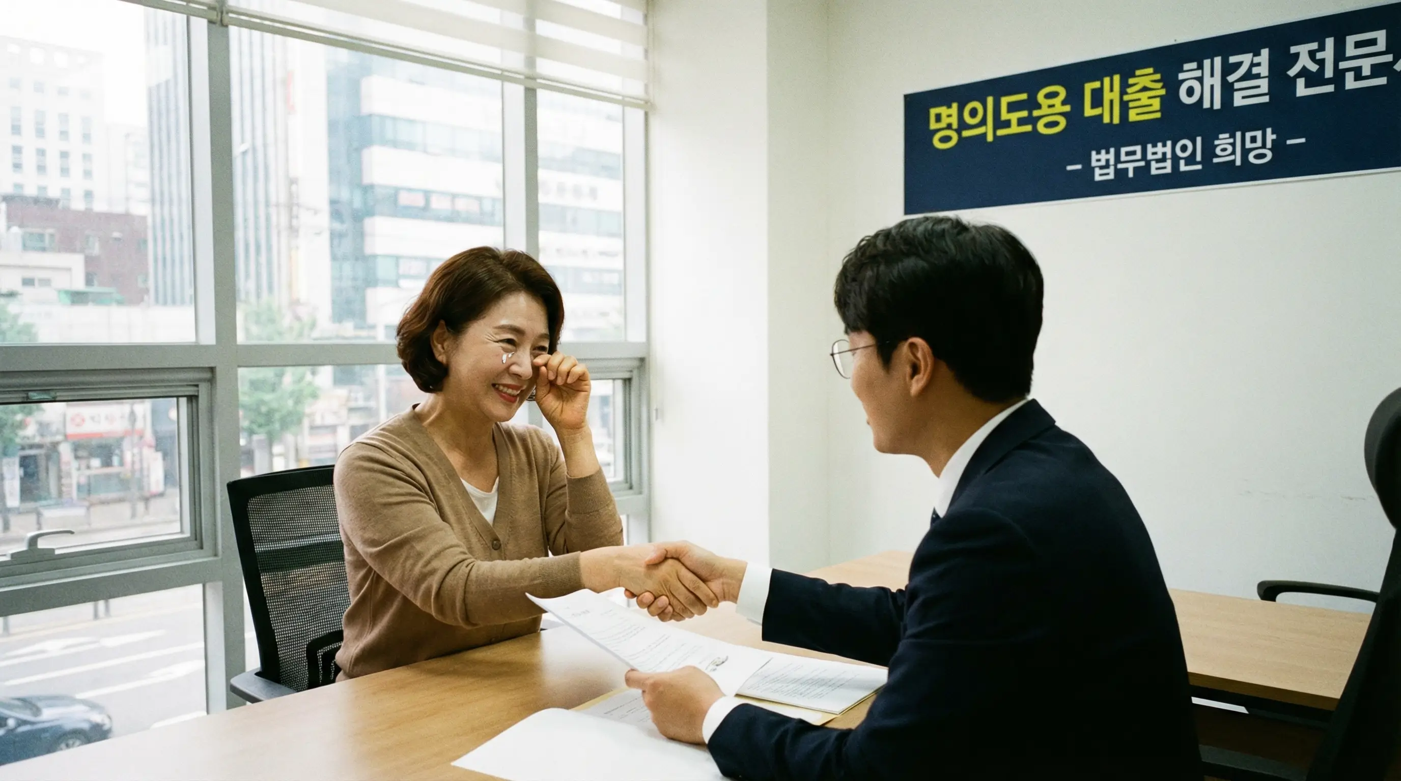 법률 전문가와 상담하여 명의도용 대출 문제를 해결하고 안도하는 의뢰인의 모습