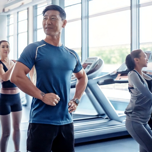 스포츠 센터에서 운동 하는 중년 남성과 여성