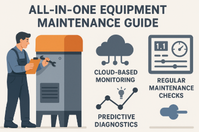 장비 일체형 유지관리 가이드를 설명하는 평면 스타일 일러스트로, 기술자가 산업용 장비를 점검하고 있으며 옆에는 클라우드 모니터링, 예측 진단, 정기 점검 아이콘이 배치된 이미지.