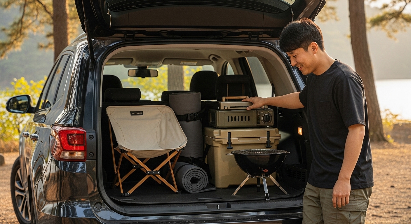 미니멀하고 현명한 차박 캠핑 장비들만 깔끔하게 정리된 모습