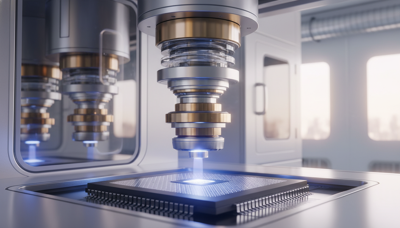 거대하고 고도로 발달된 하이엔에이 극자외선(High-NA EUV) 광학 렌즈 시스템이 강렬한 자외선으로 마이크로칩을 비추는 매크로 사진. 클린룸 배경, 금속과 유리 질감, 영화 같은 조명, 미래 산업 미학, 인물 없음