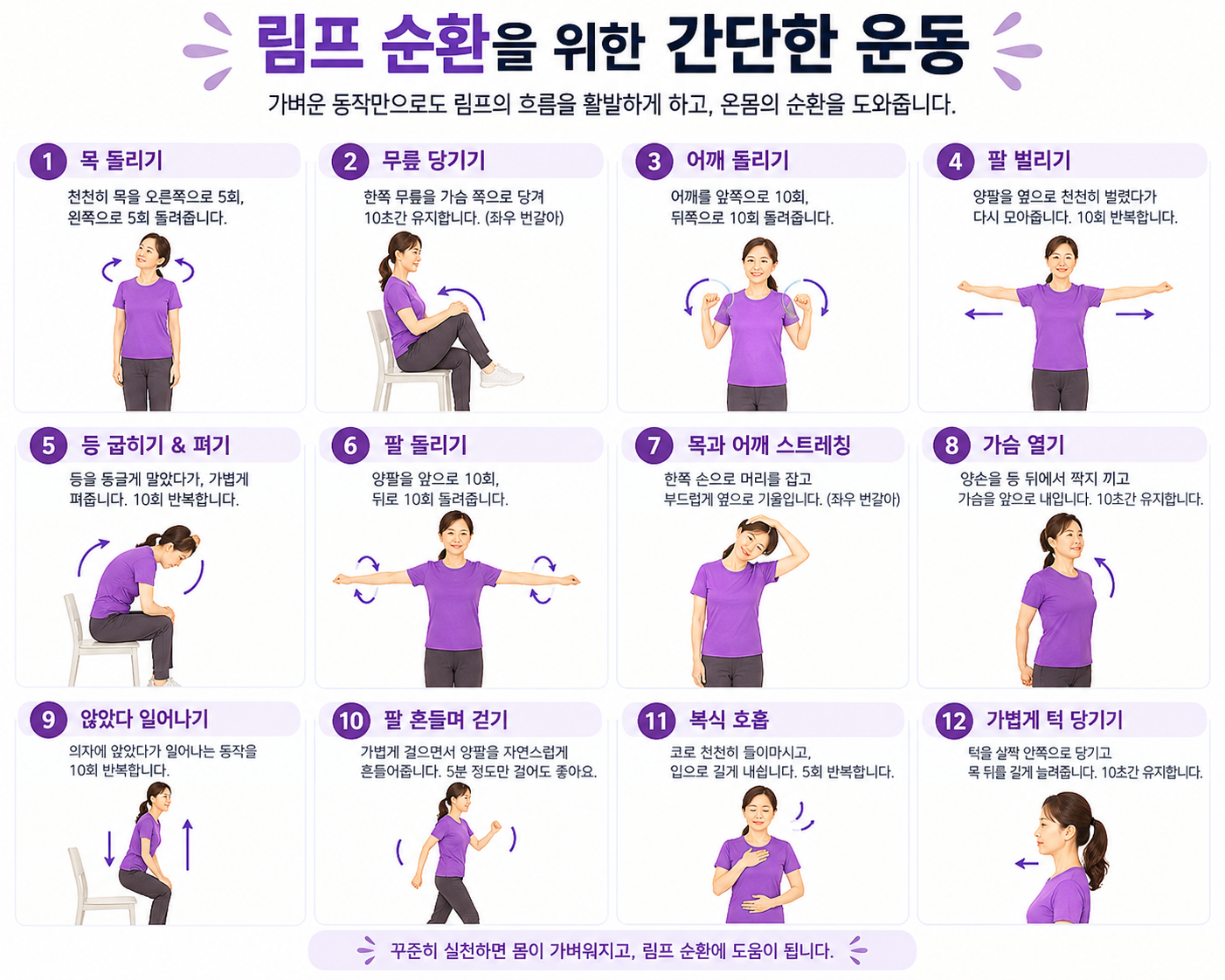 근육 이완, 림프 순환, 가벼운 스트레칭