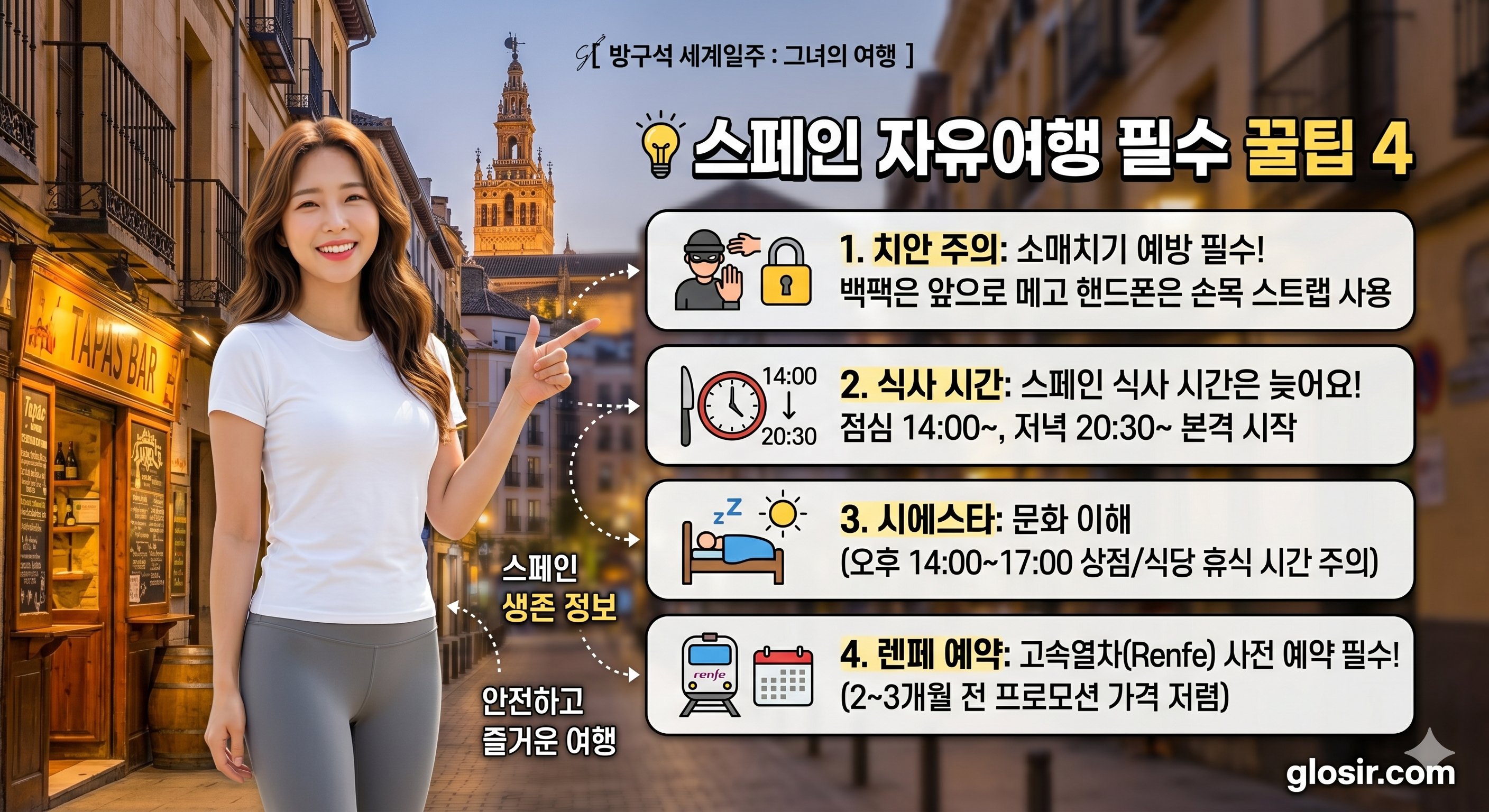 스페인 필수 여행 꿀팁 4 핵심 정보를 소개하며 웃는 한국 여성과$$방구석 세계일주 그녀의여행$$glosir.com 출처 인포그래픽 배너