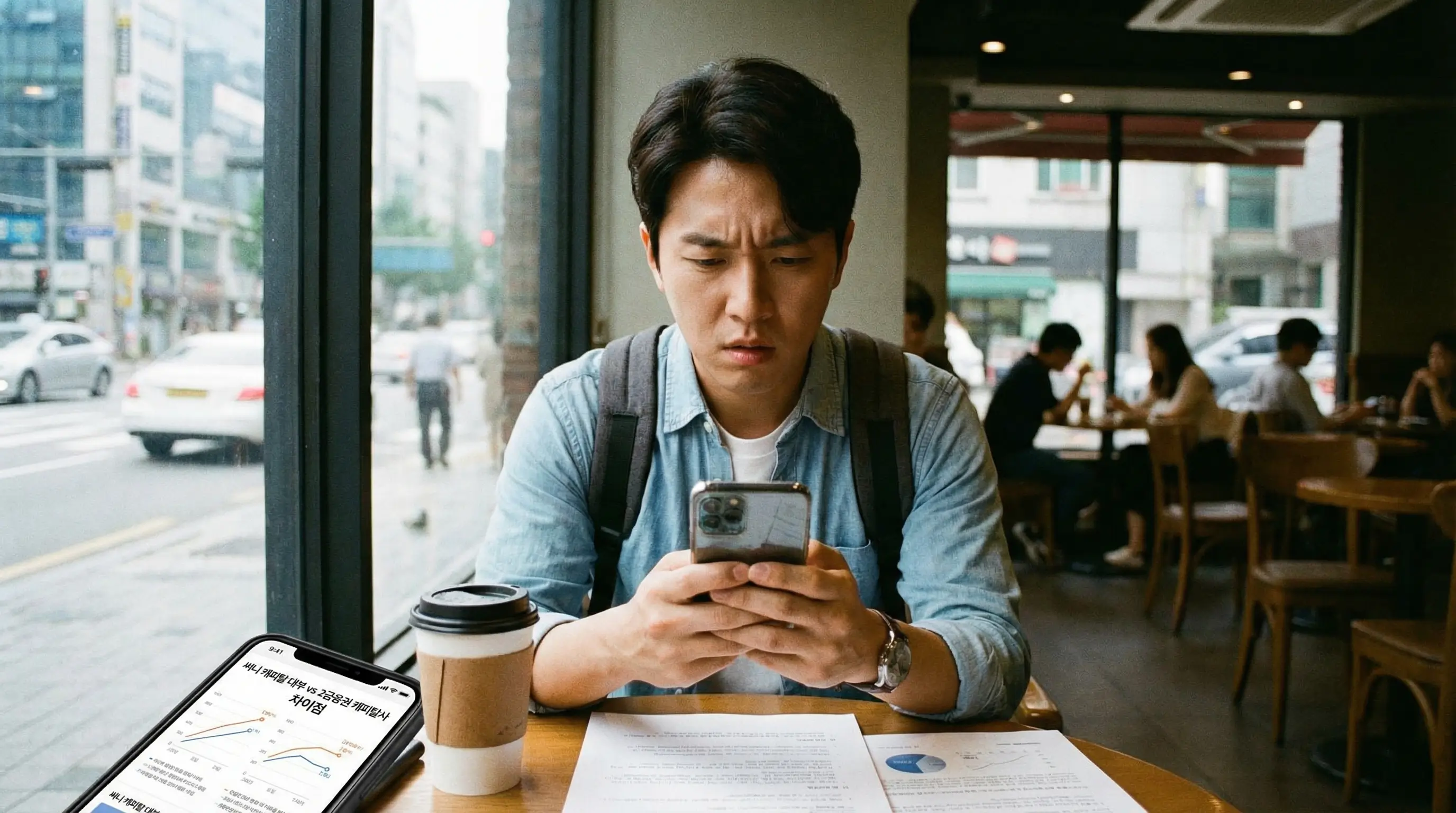 써니 캐피탈 대부와 2금융권 캐피탈사의 차이점을 궁금해하며 스마트폰으로 정보를 검색하는 사용자의 모습