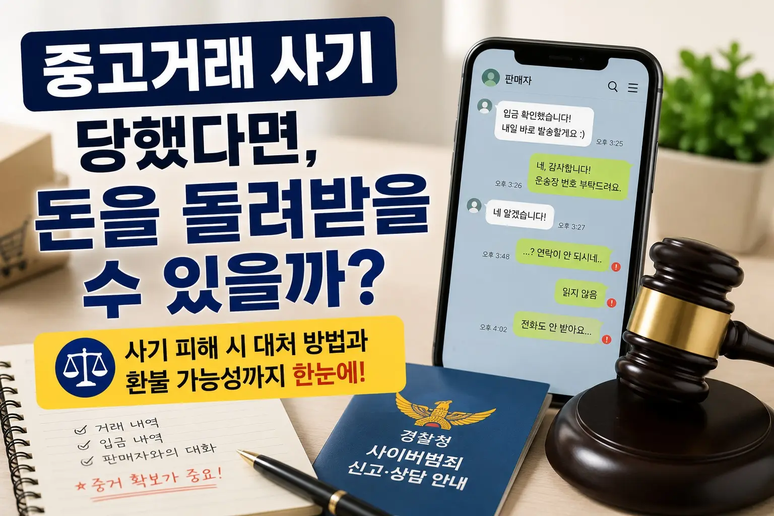 중고거래 사기 피해를 당한 후 환불 가능성과 신고 방법을 설명하는 생활법률 정보
