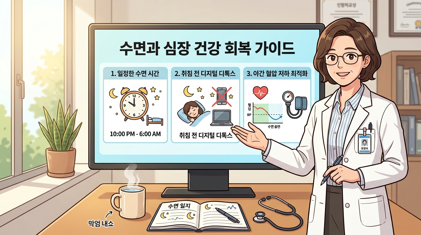 밝고 청결한 대학병원 수면센터 진료실에서 의사 선생님이 대형 디지털 모니터 화면을 가리키며 만성적인 안식 결함이 야간 혈압 강하 메커니즘과 혈관 탄력 세포에 미치는 부정적 영향을 조목조목 설명하고, 수면 부족과 심혈관 질환의 직접적 상관관계 예방법 및 숙면이 심장에 미치는 회복 효과 핵심 수칙을 환자에게 다정하게 알려주는 2D 일러스트 이미지.