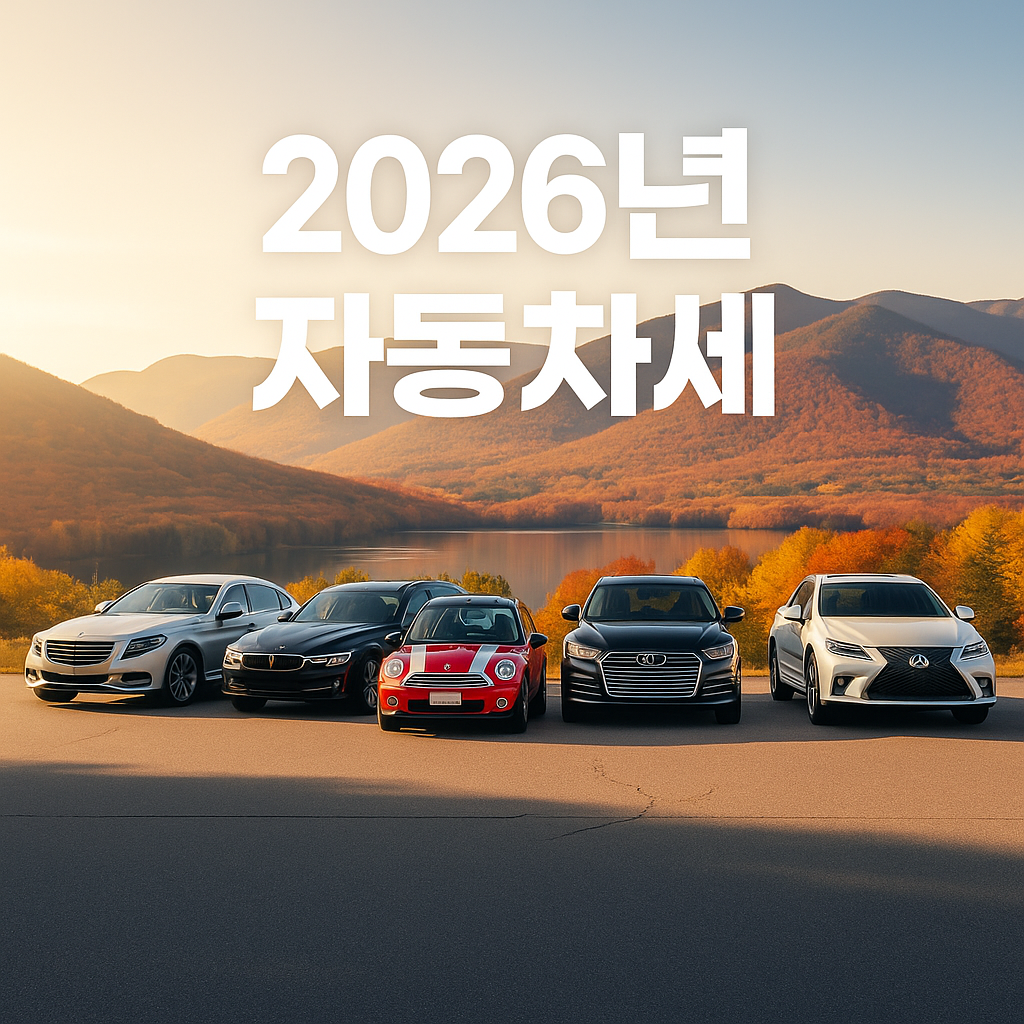 “2026년 자동차세 인상과 절세 정보를 안내하는 자동차 이미지 – 여러 차량이 도로 위에 서 있으며 자동차세, 절세, 보험, 리스, 유지비 절감 관련 정보를 상징하는 밝은 이미지”