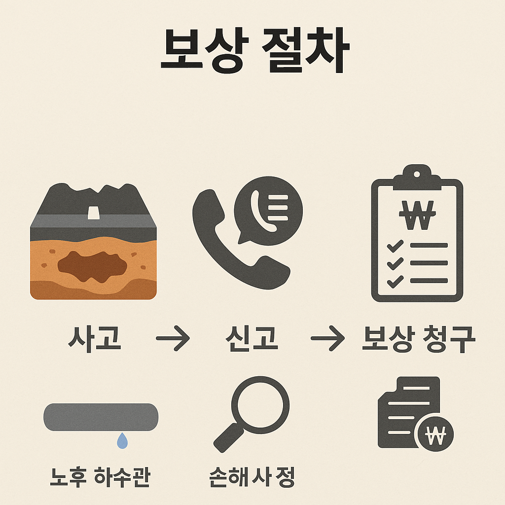 땅꺼짐 사고 발생 후 신고, 손해사정, 보상 청구까지의 절차를 시각적으로 표현한 인포그래픽. 노후 하수관과 지반침하 사고 원인을 함께 설명하며, 피해자의 대응 과정을 단계별로 정리한 자료.
