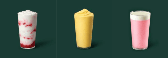 딸기 딜라이트 요거트 블렌디드, 망고 바나나 블렌디드, 피치 요거트 블렌디드