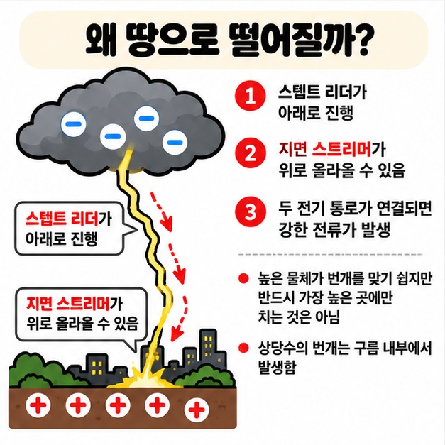 구름의 음전하와 지면의 양전하 사이에서 스텝트 리더와 스트리머가 연결되어 구름 지면 번개가 생기는 원리를 보여주는 카드