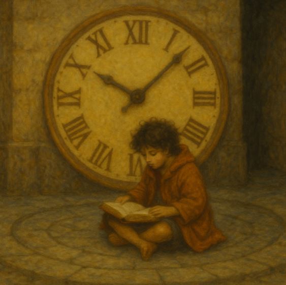 주인공 모모가 낡은 시계탑 앞 원형 광장에서 책을 읽고 있는 장면