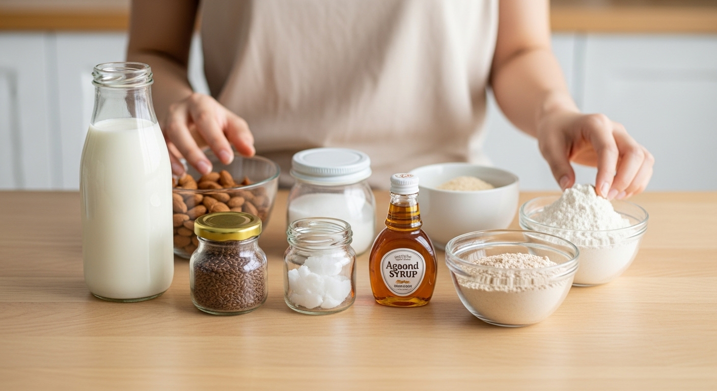 테이블에 정갈하게 놓인 다양한 비건 베이킹 재료들과 재료를 집는 한국인 여성의 손.
