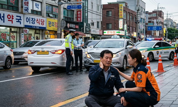 교통사고 현장, 또는 목을 감싸 쥐고 있는 사람의 모습