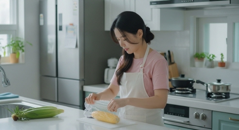 싱싱한 초당옥수수를 랩으로 싸서 냉장보관하는 한국 주부의 모습