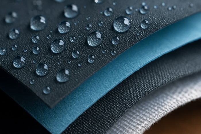 방수 원단의 여러 층 구조와 표면에 맺힌 물방울