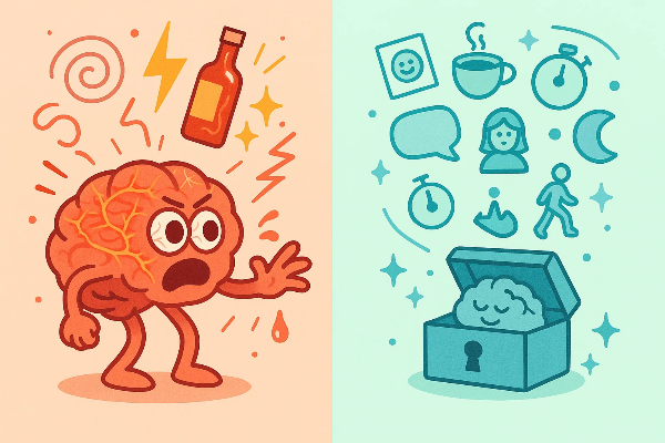 자극에 반응하는 뇌와 대처 도구 상자가 대비되며 감정 조절을 은유한 팀 버튼풍 일러스트