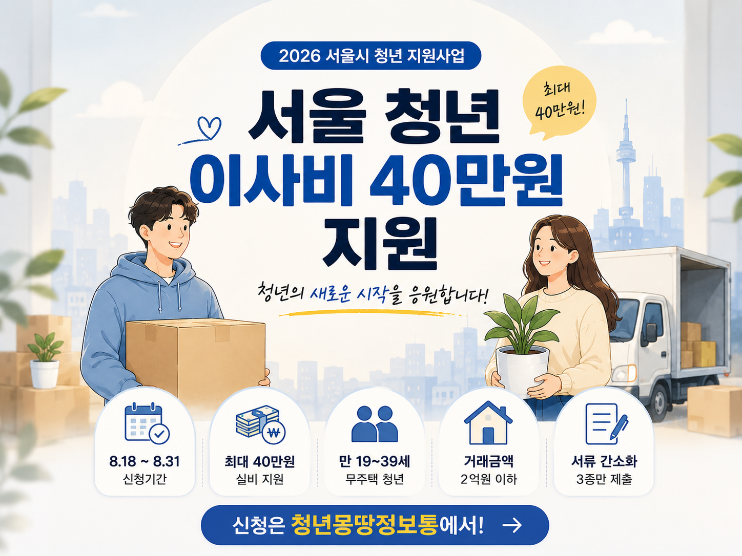 2026 서울 청년 이사비 40만원 지원|대상·소득·신청방법