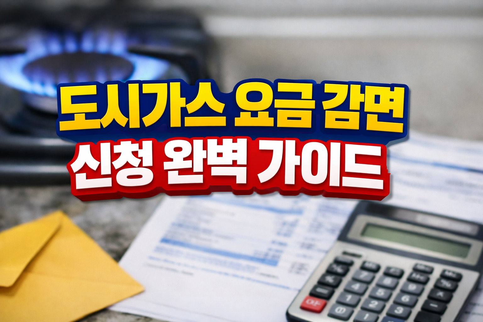 가스레인지 불꽃, 요금 고지서, 계산기를 배경으로 도시가스 요금 감면 신청 완벽 가이드 문구가 크게 들어간 썸네일 이미지