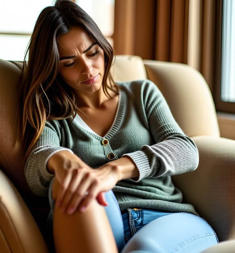 여성이-소파에-앉아-오른쪽-무릎을-만지면서-괴로워하고-있는-사진입니다.