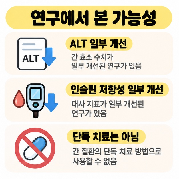 유산균 연구에서 ALT와 인슐린 저항성의 일부 개선 가능성이 있지만 단독 치료는 아니라는 점을 정리한 카드